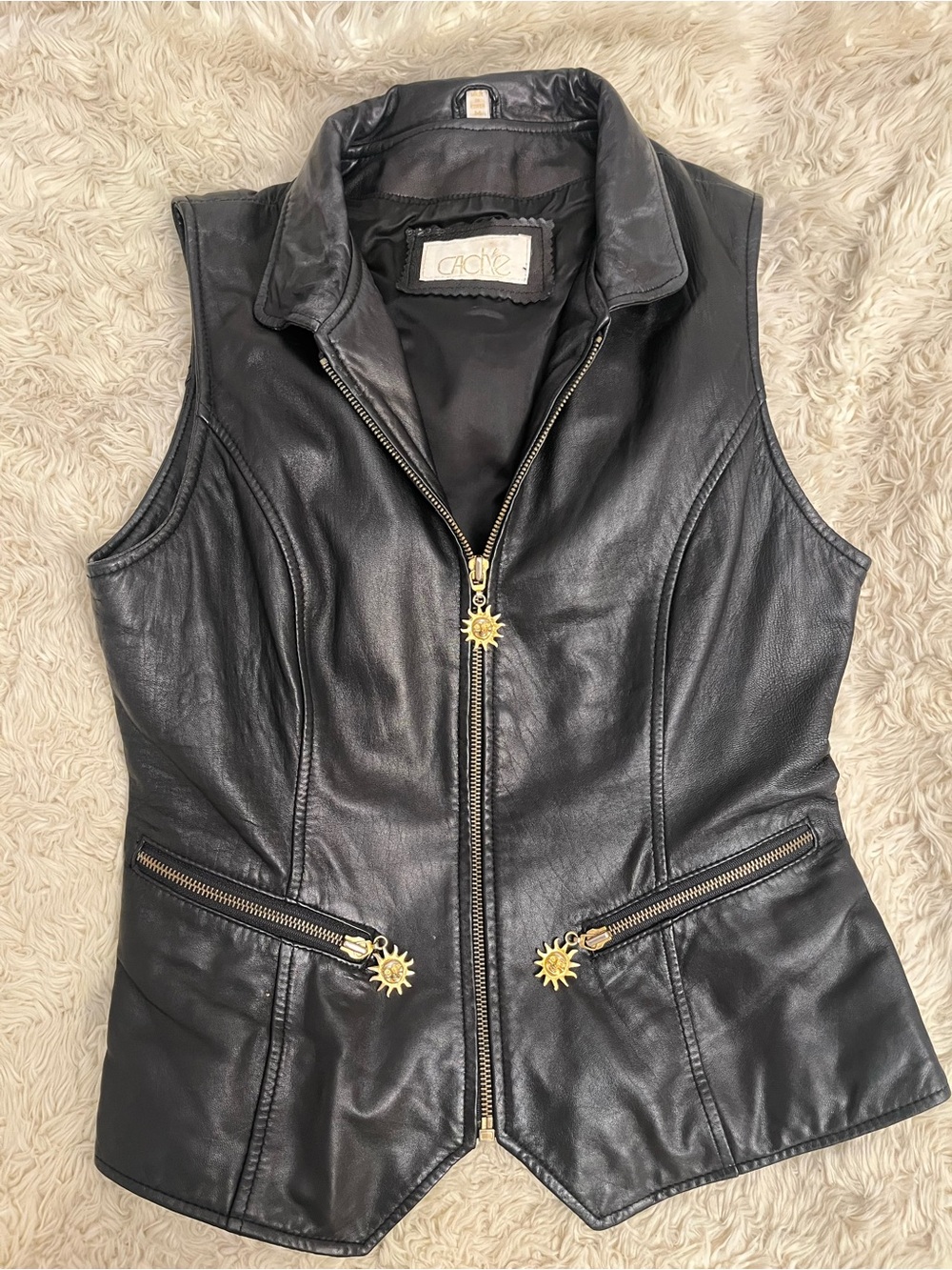 Vintage 90s Caché Genuine Leather Vest M Black Gold Sun Y2K Moto